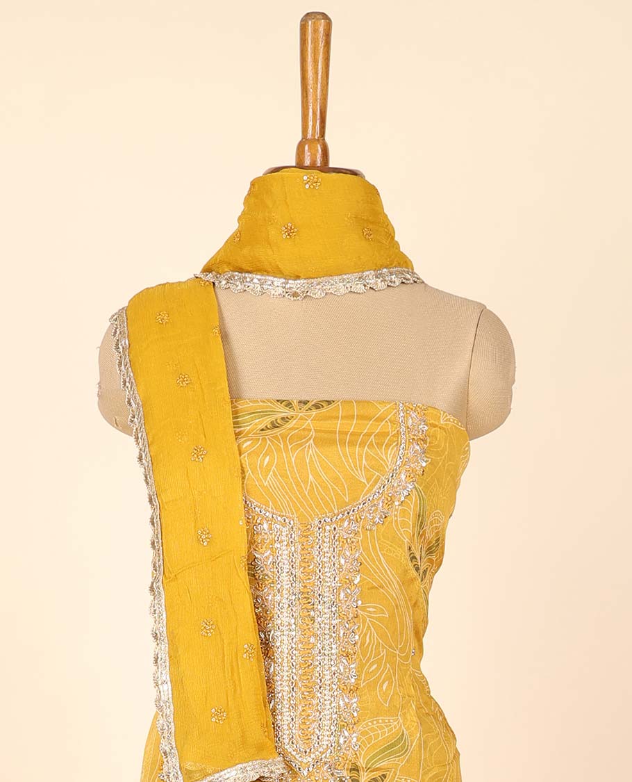 Yellow material chudidhar set, floral print & embroidered top, plain bottom & embroidered top