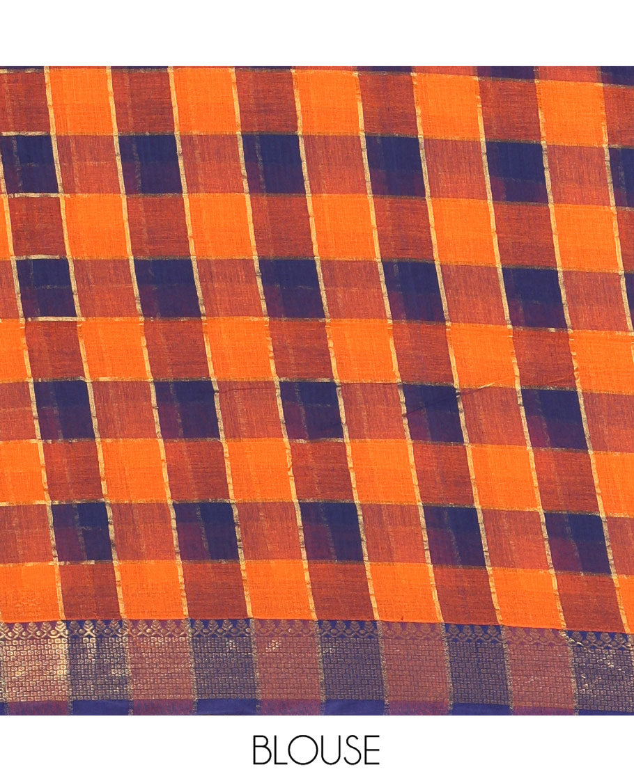 Rust Checked Khadi Mul Cotton Saree, Highlighted by Zari Traditional Border, Zari Checked Pallu, and Paired with a Matching Blouse