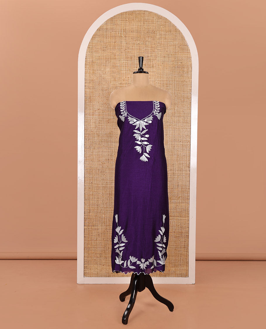 Violet Material Churidar Set, Detailed with Floral Motifs Sequins-Thread Embroidered on Its Vichitra Silk Top, Comes with a Contrast Santoon Bottom, and Paired with a Vichitra Silk Floral Embroidered Scallop Dupatta