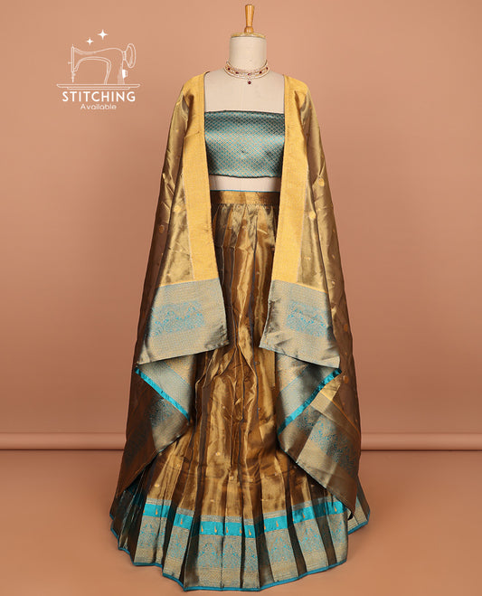 Brown zari buttas art silk half saree with contrast zari blue border, zari checked design blouse & intricate zari design dhavani