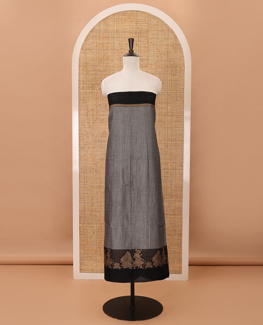 Ash grey mercerised cotton material chudidar set, Madhubani-style bride-groom motif woven top, bottom & dupatta