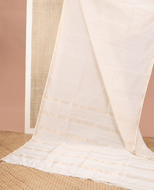 Cream maheswari cotton saree with self zari design border & striped pallu