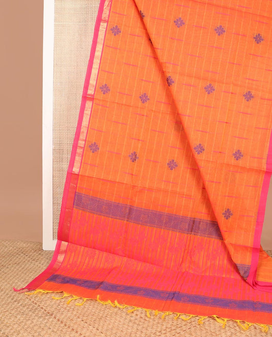 Orange striped, floral design coimbatore cotton saree with self zari border & floral design pallu