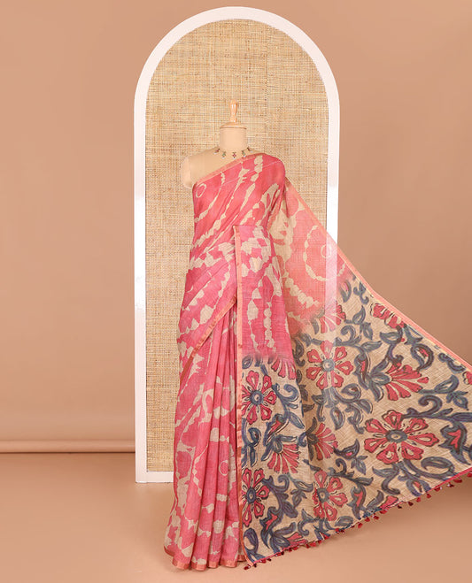 Borderless tomato pink batik printed linen cotton saree, hand brush painting style floral vine printed pallu, and contrast floral printed blouse