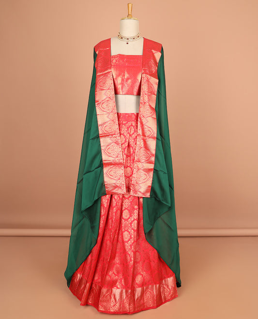 Red floral jacquard half saree with self floral zaei design border , zari design blouse & plain, zari design border dhavani