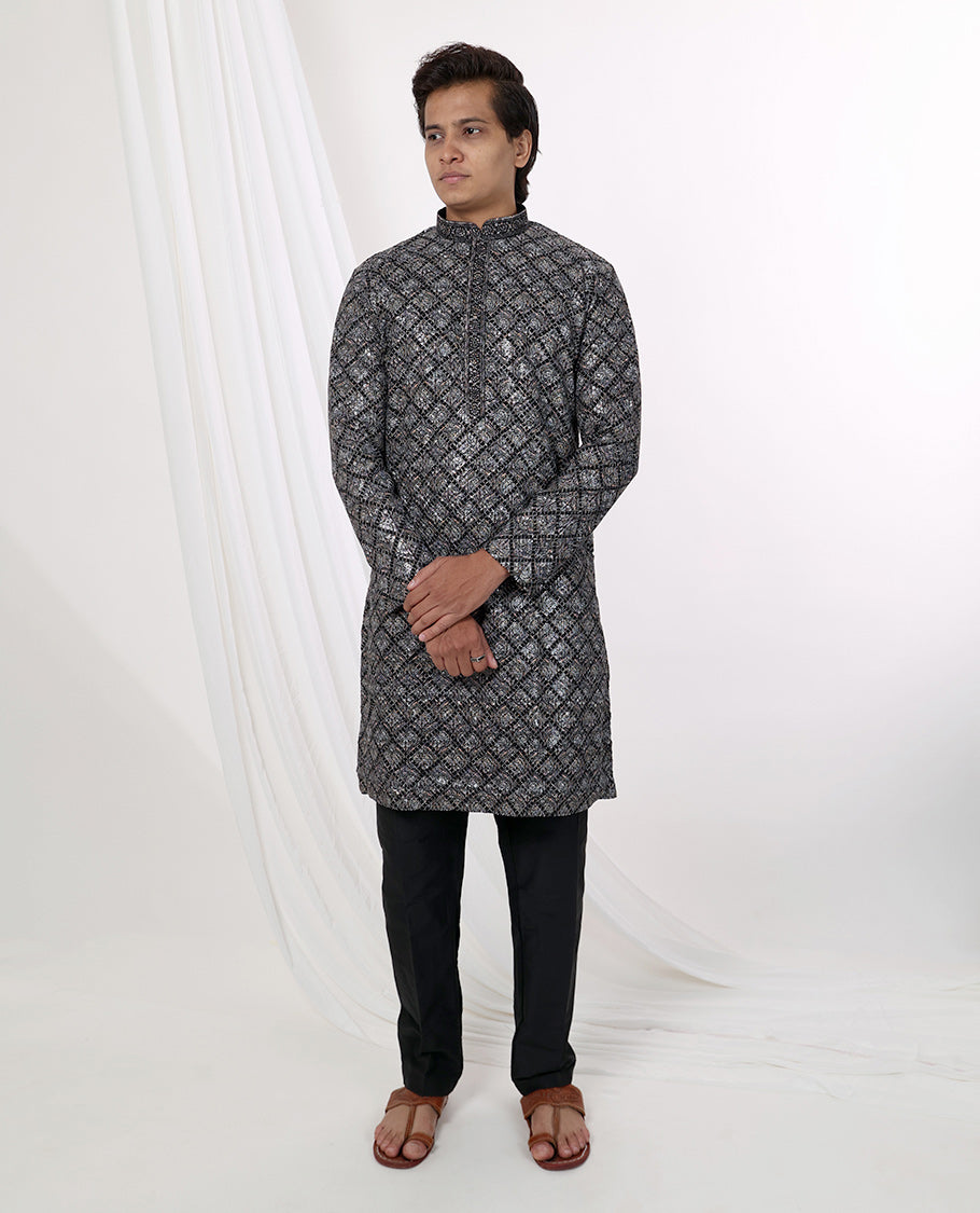 Black floral thread embroidery with sequins work mandarin collar & full-sleeve long raw silk kurta