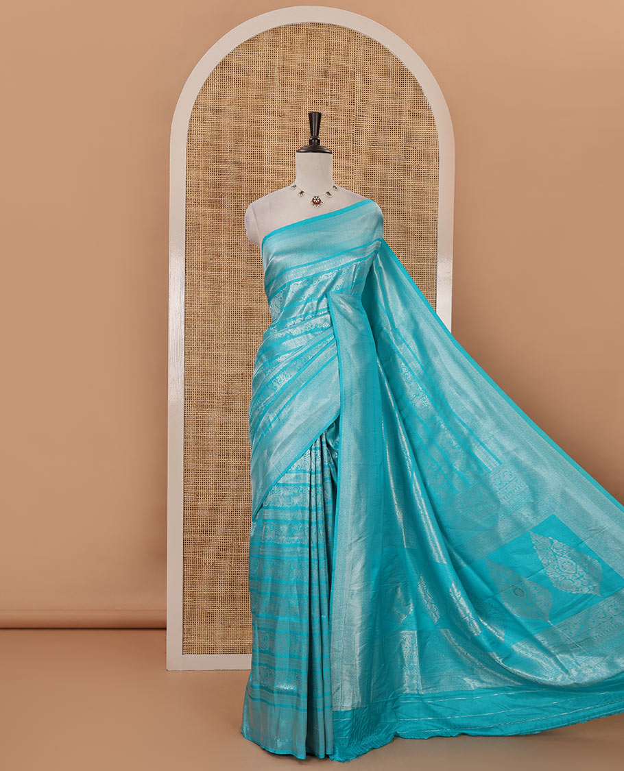 Blue mayil & yaali zari jacquard softy saree, traditional zari border, intricate pallu & matching zari design blouse