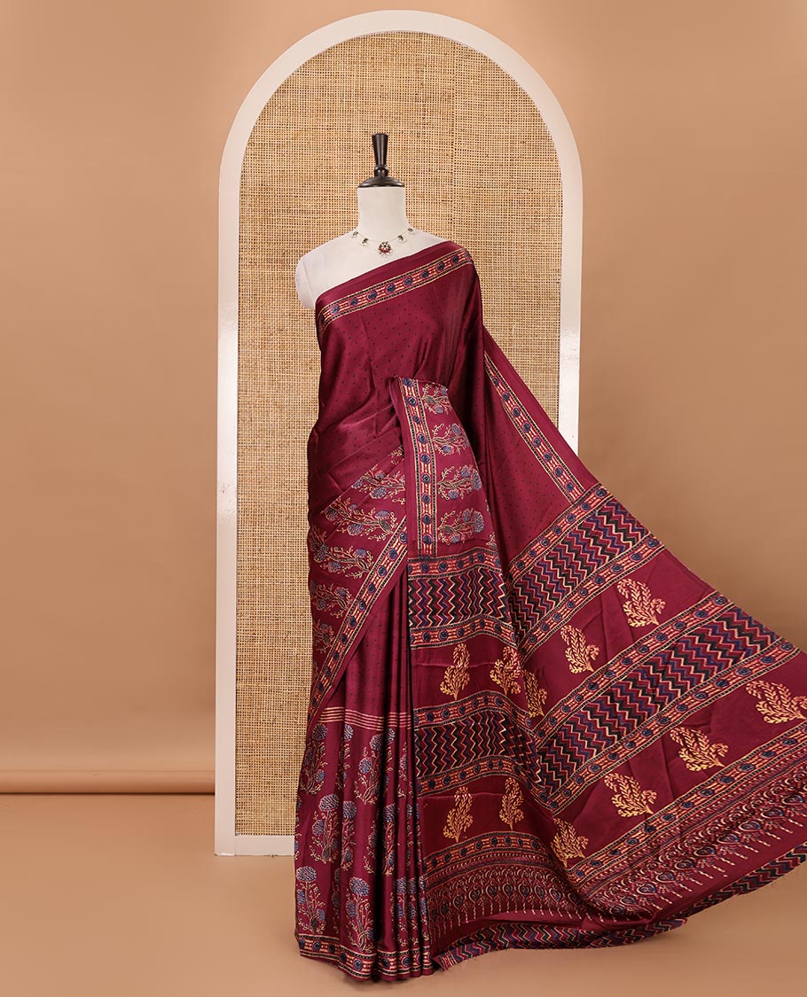 Purple handblock-style dots & floral digital printed skirt-border gajji silk saree, floral-geometric print pallu & matching chevron printed blouse