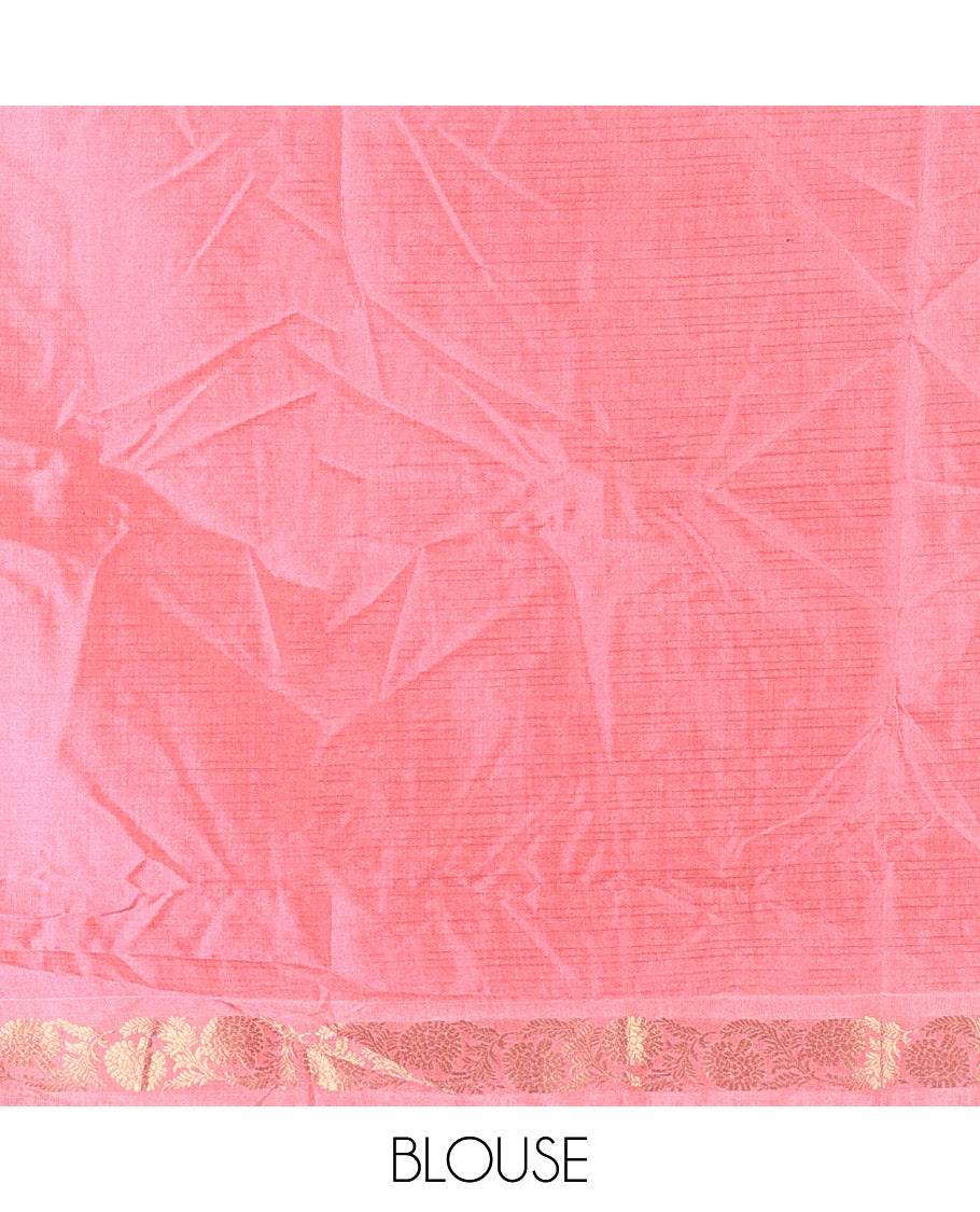 Orange Kanchipuram Budget Silk Saree, Gleamed Up with Zari Checks All Over Its Body, Complemented by a Contrast Floral Creeper Design Zari Border, Pallu Steeped with Floral Designs, and Paired with a Contrast Blouse