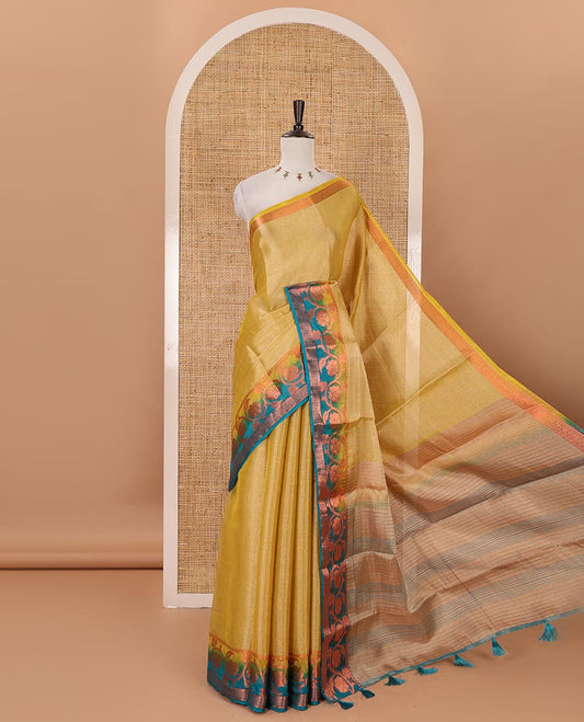 Gold plain tissue saree, contrast floral creeper & diamond patterned zari border, striped pallu & contrast plain blouse