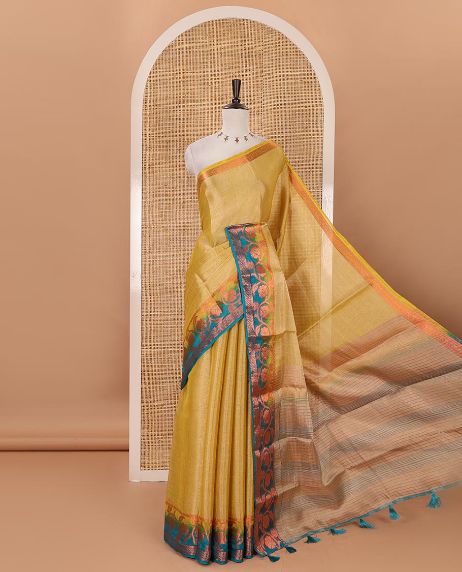 Gold plain tissue saree, contrast floral creeper & diamond patterned zari border, striped pallu & contrast plain blouse
