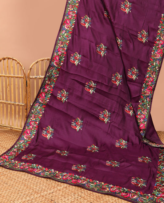 Purple all-over floral motifs thread embroidery tussar silk saree with self floral embroidery border