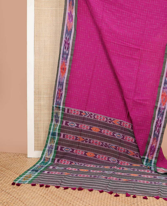 Pink checked design ikkat cotton saree with floral design border & floral design pallu