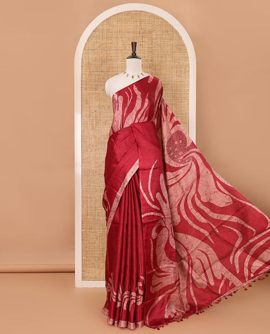 Borderless rani pink batik-style abstract vines printed khadi cotton saree, matching plain blouse