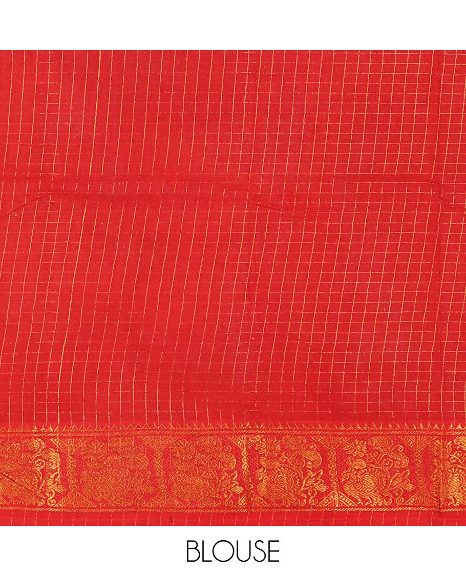 Bottle green checked sungudi cotton saree, contrast zari border of peacock motifs, zari striped pallu, and a contrast zari design blouse