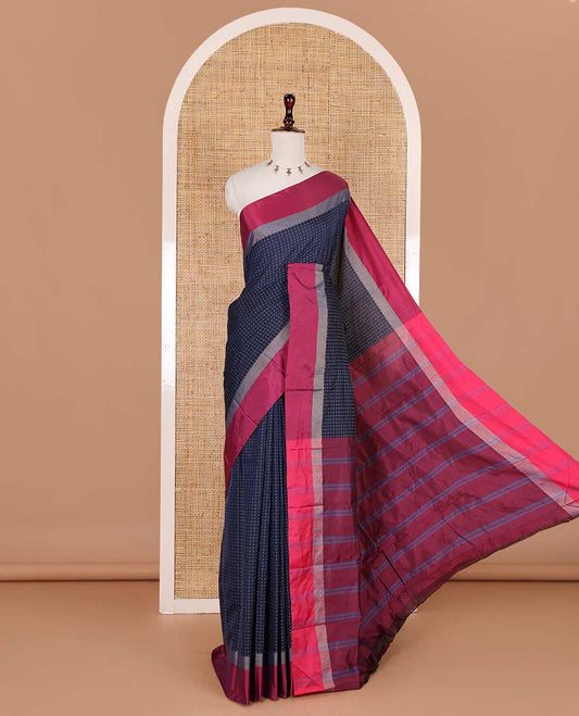 Navy blue-pink plus-shaped buttas steeped semi-soft silk saree, contrast satin border of stripes, striped pallu, and contrast blouse