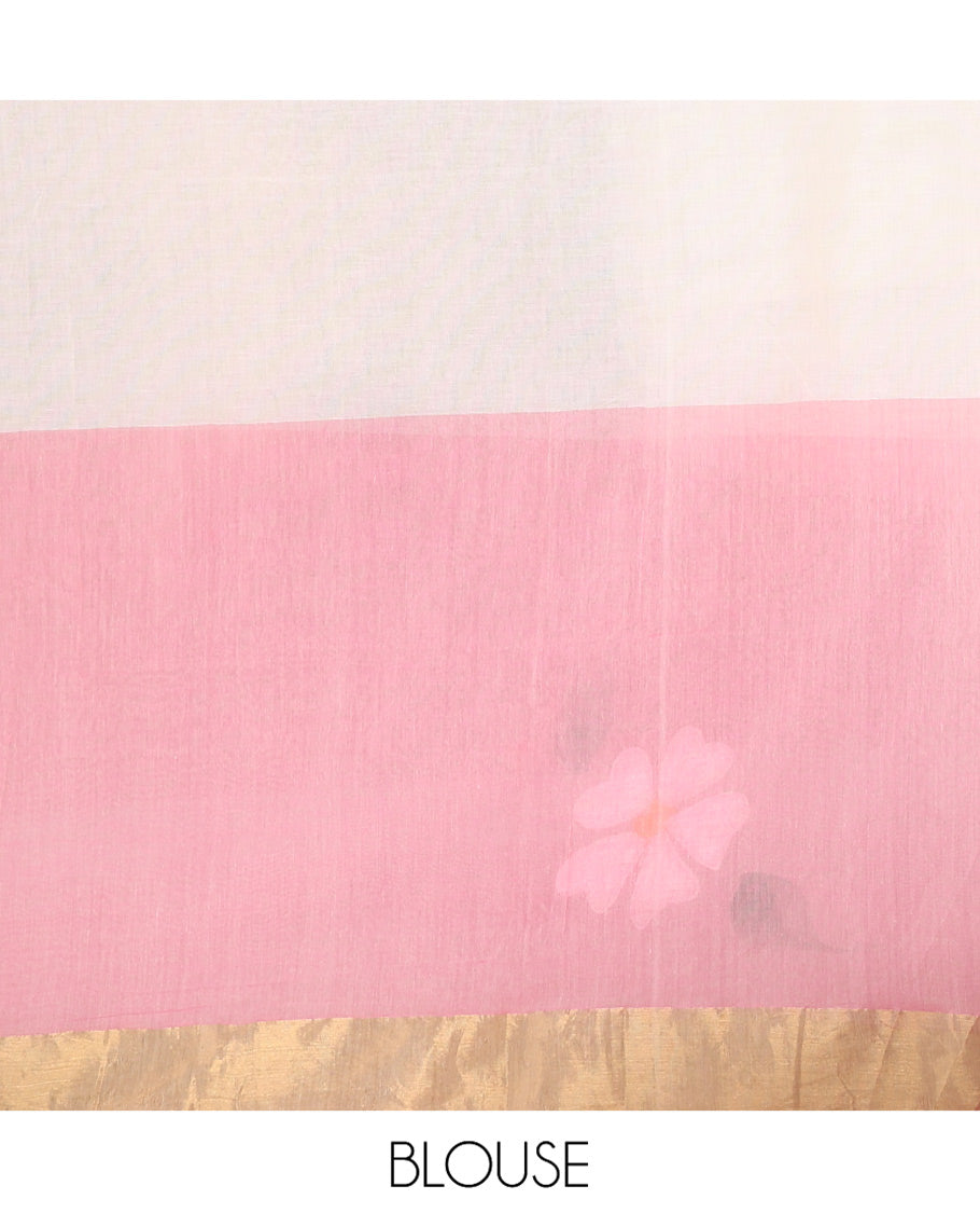 Cream and Pink Khadi Mul Cotton Saree, Adorned with Hand-Brush Painting-Style Floral Block Printed Body, a Subtle Gold Zari Border, a Self-Pallu, and Paired with a Matching Blouse