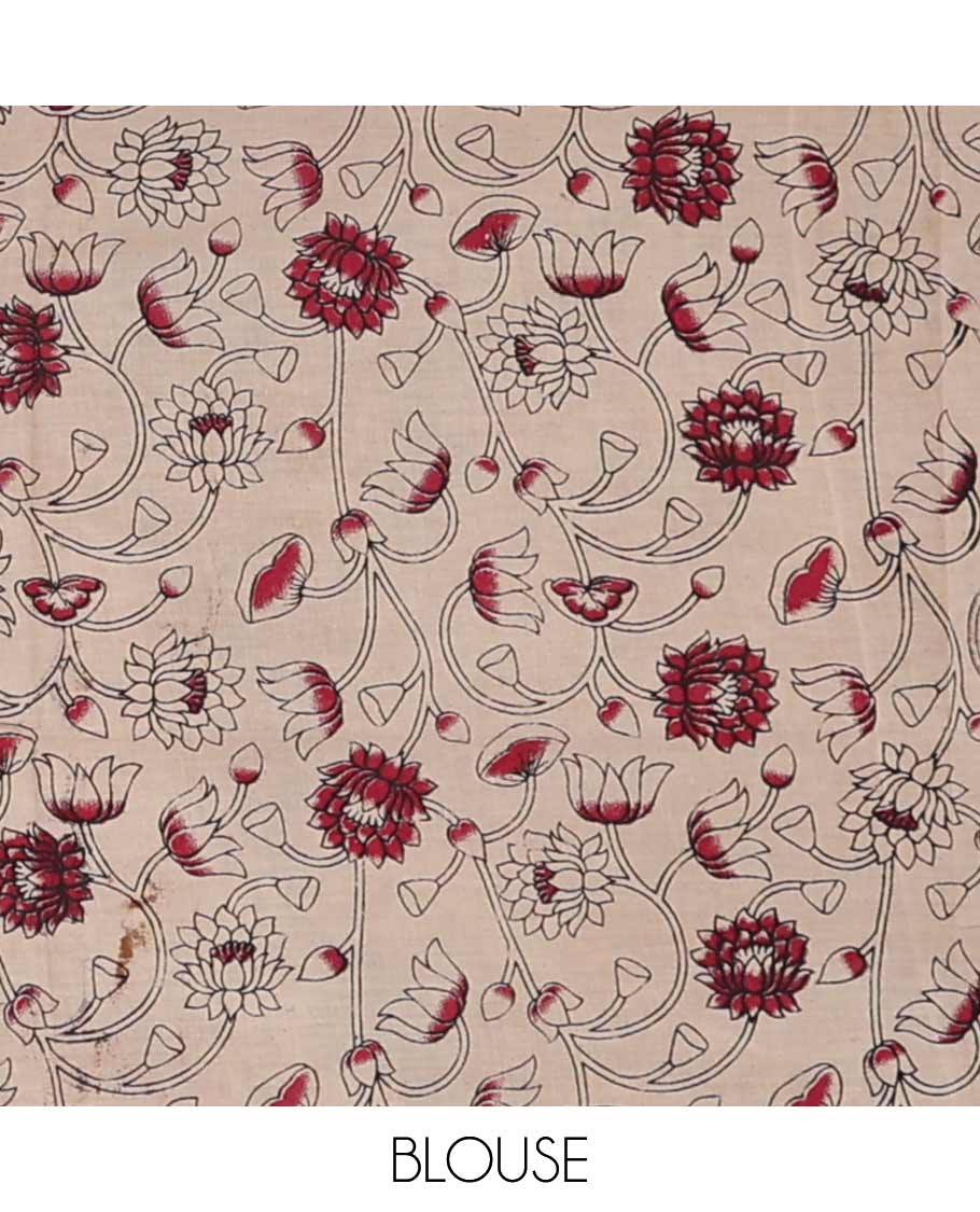 Brown floral vine machine printed kalamkari cotton saree with contrast intricate design border & animal design pallu