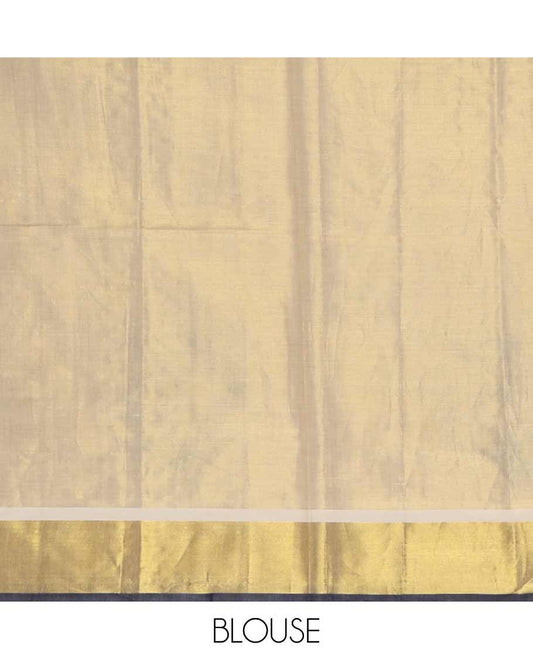 Cream plain & floral printed Kerala cotton saree, zari bavanji border, pallu of floral screen print & plain blouse