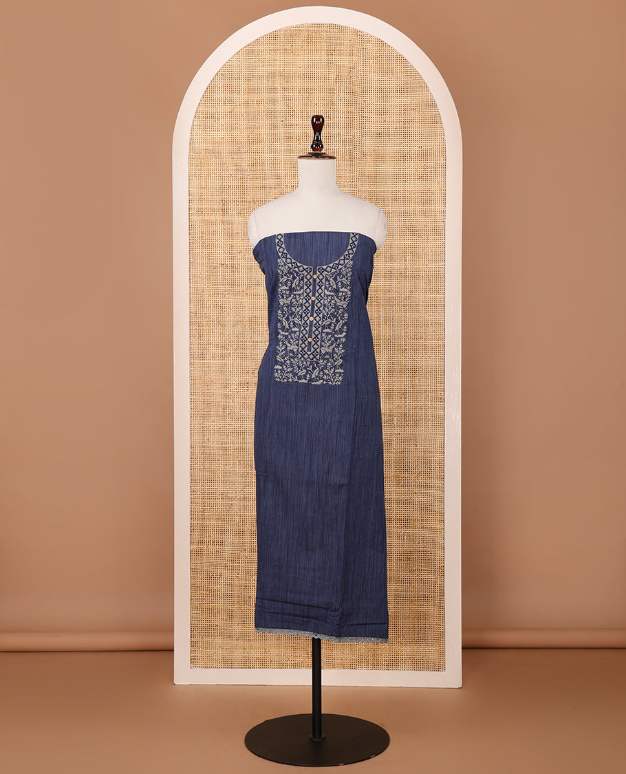 Denim blue chudidar material set,warli animal motif embroidered span cotton top & contrast warli animal embroidery dupatta