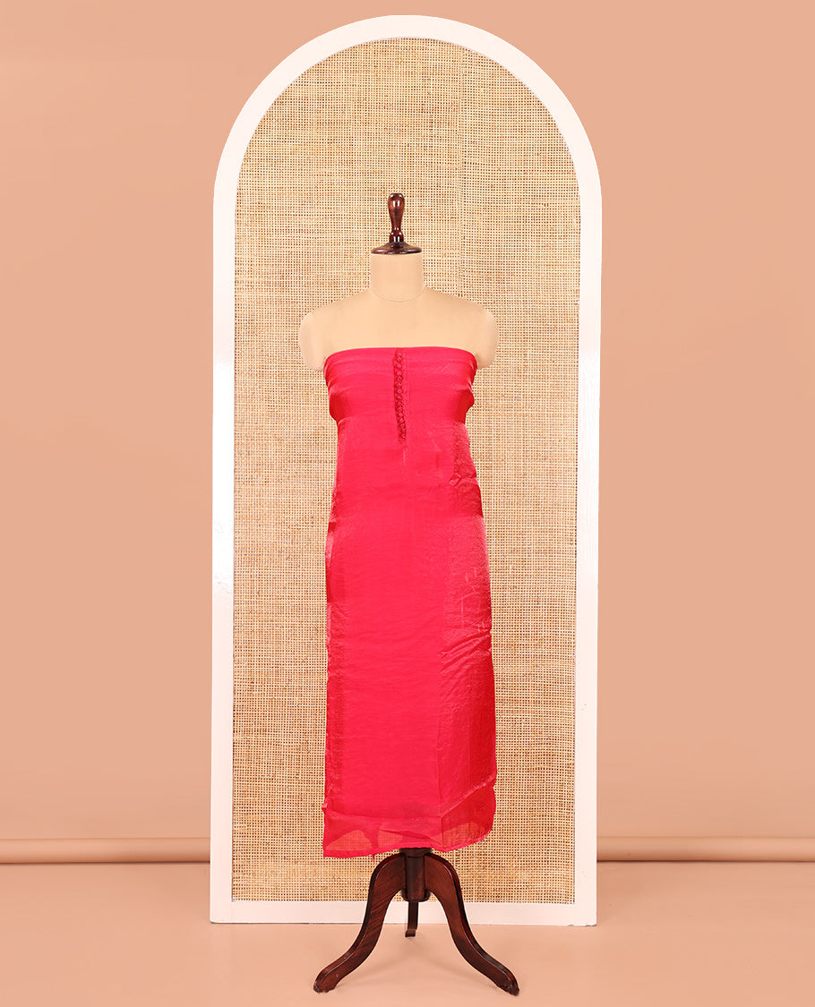 Chilly Red Fendi Organza Material Chudidar Fetaures Pom-Pom-Neckline Top, Plain Bottom, and Scallop Embroidered Dupatta