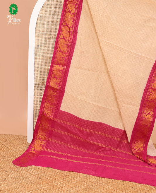 Half White with rani pink gold zari checks sungudi cotton saree, contrast jacquard border & chit lining pallu along with checked design blouse
