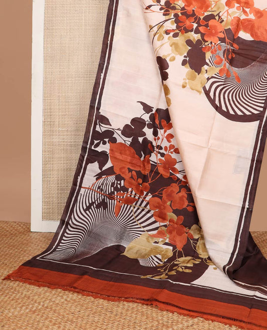 Cream  floral printed silk saree with contrast border