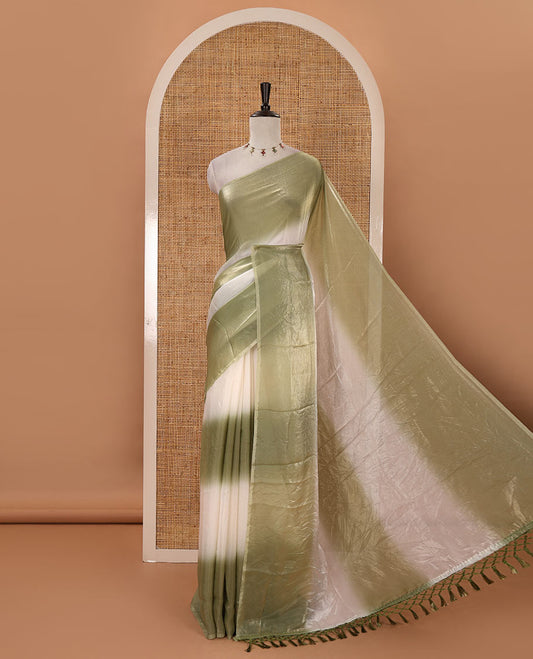 Borderless green tie-dye-style printed fendy satin saree, self-pallu with tassels & plain blouse