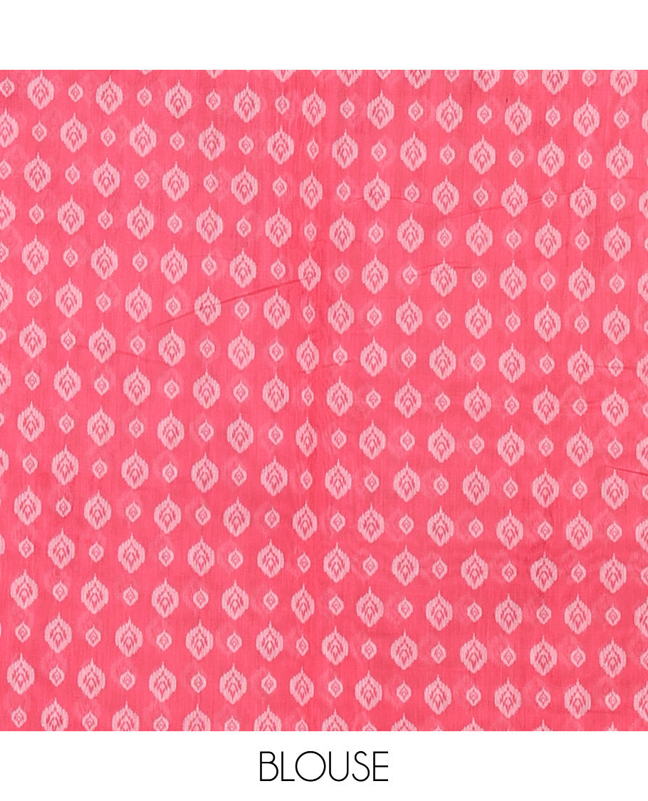 White and pink musical note motifs printed Chanderi cotton saree, zari piping border, geometric printed pallu, and a unique motifs printed blouse