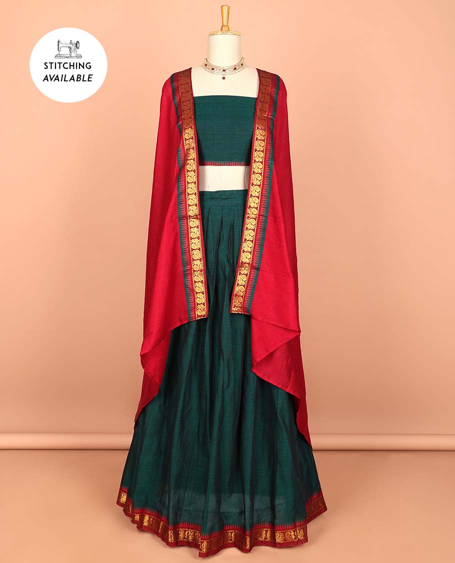 Blue cotton half saree with contrast zari border, plain blouse & plain with peacock zari border dhavani