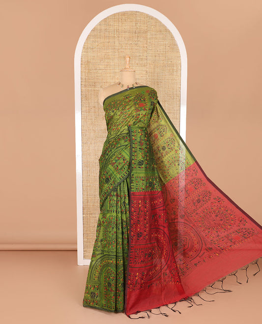 Borderless olive green and pink Warli village printed khadi mul cotton saree, contrast Warli motifs printed pallu, and a plain blouse