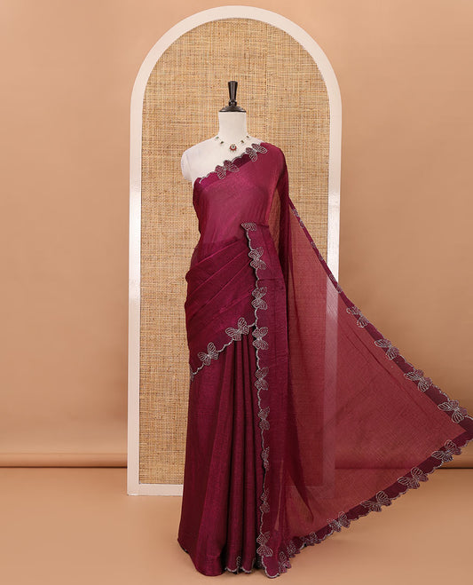 Wine full-plain Fendi chiffon saree, scallop butterfly-style Swarovski stone work border & stone work matching blouse