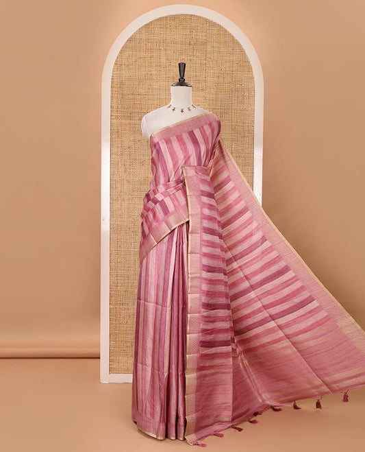 Onion pink hand brushing-style vertical stripes printed fancy tussar silk saree, zig zag-style zari woven border, zari pallu & striped blouse