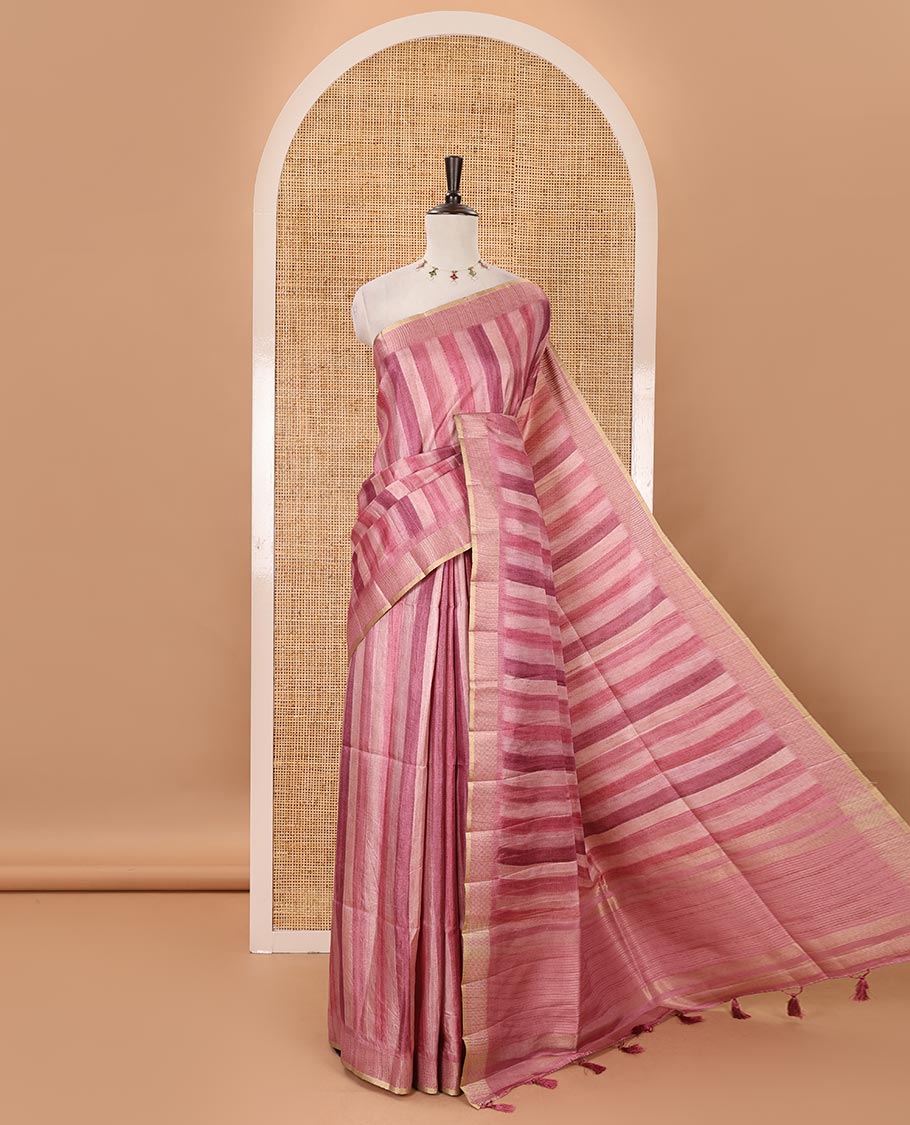 Onion pink hand brushing-style vertical stripes printed fancy tussar silk saree, zig zag-style zari woven border, zari pallu & striped blouse
