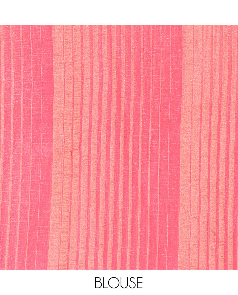 Borderless Pink Lightweight Chiffon Saree, Subtly Printed with Stripes on Its Body, Self-Pallu of Stripes, and Paired with a Matching Blouse
