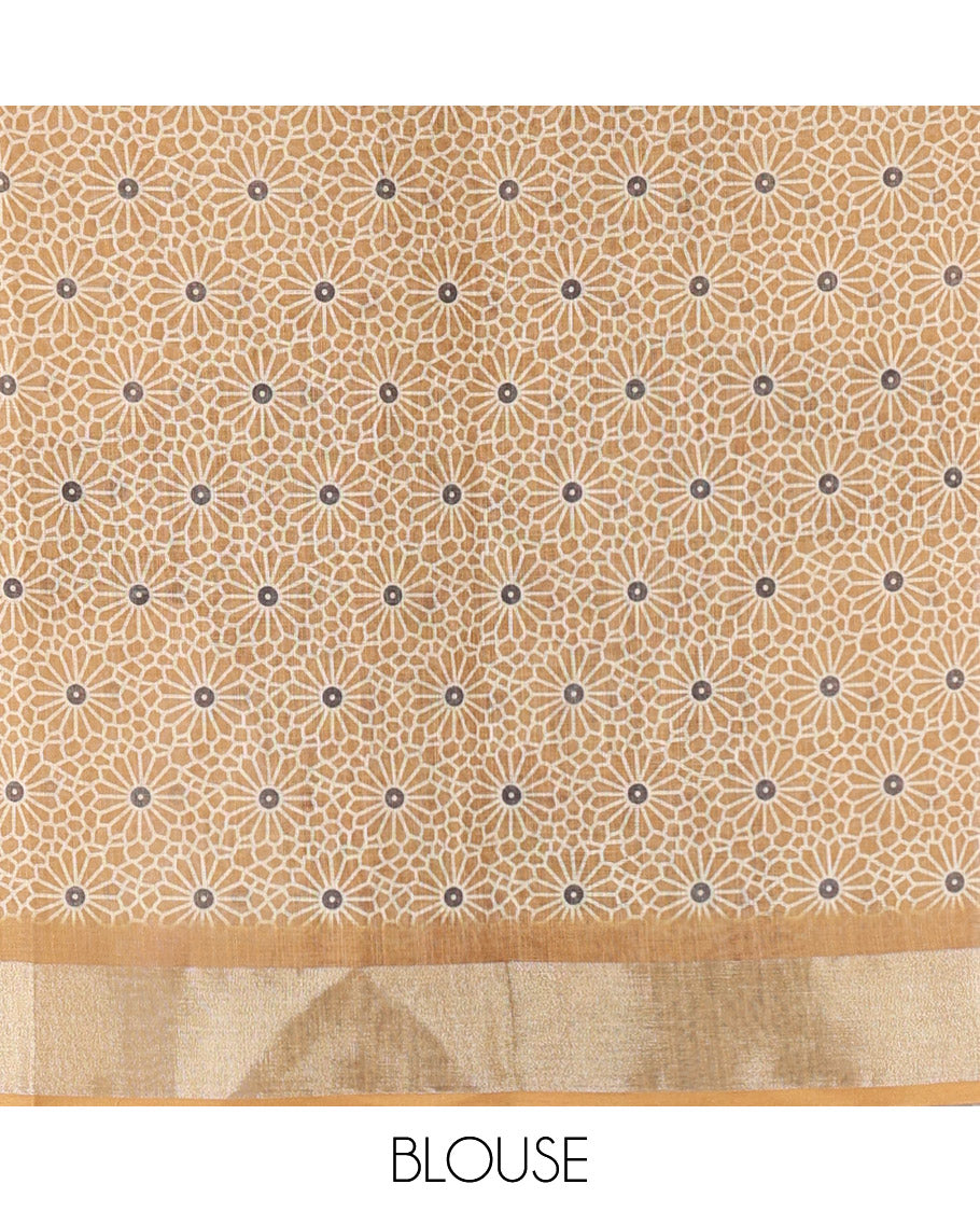 Mustard Linen Cotton Saree, Adorned with Polka Dot and Temple Buttas on Its Body, Highlighted by a Zari Border, Pallu Steeped with Floral Designs, and Paired with a Matching Blouse (Copy)