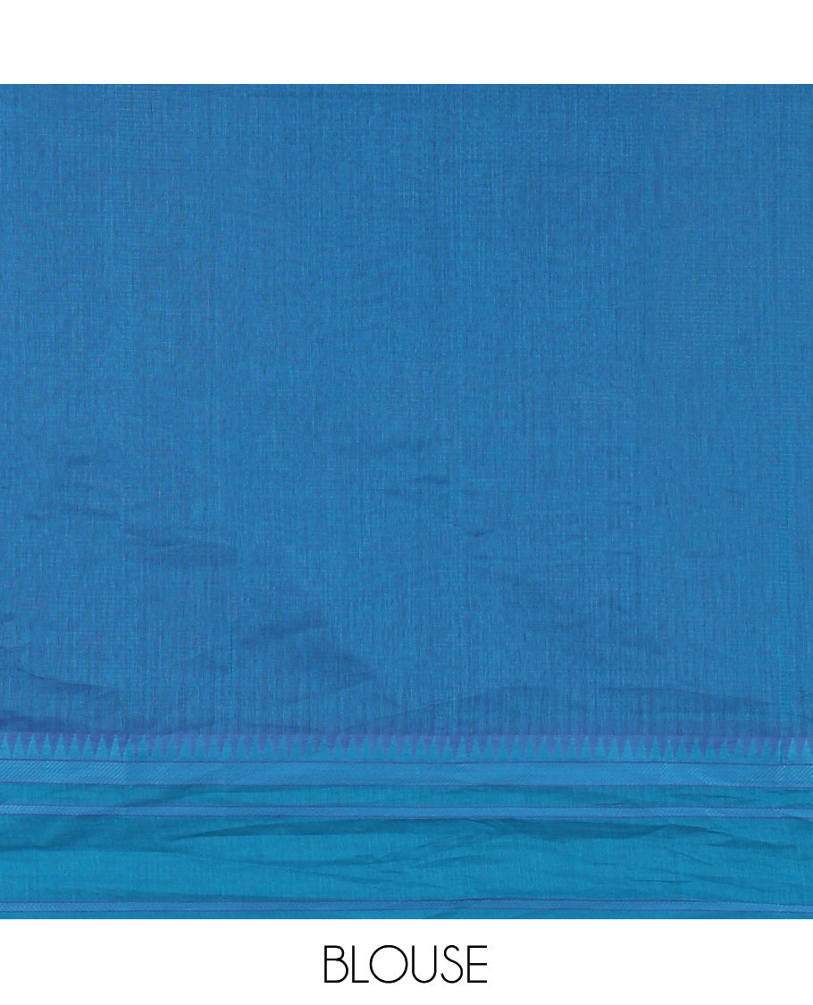 Blue Andhra Cotton Saree, Sparsely Woven with Stripes, a Contrast Temple Thread Border, Striped Pallu, and a Contrast Blouse