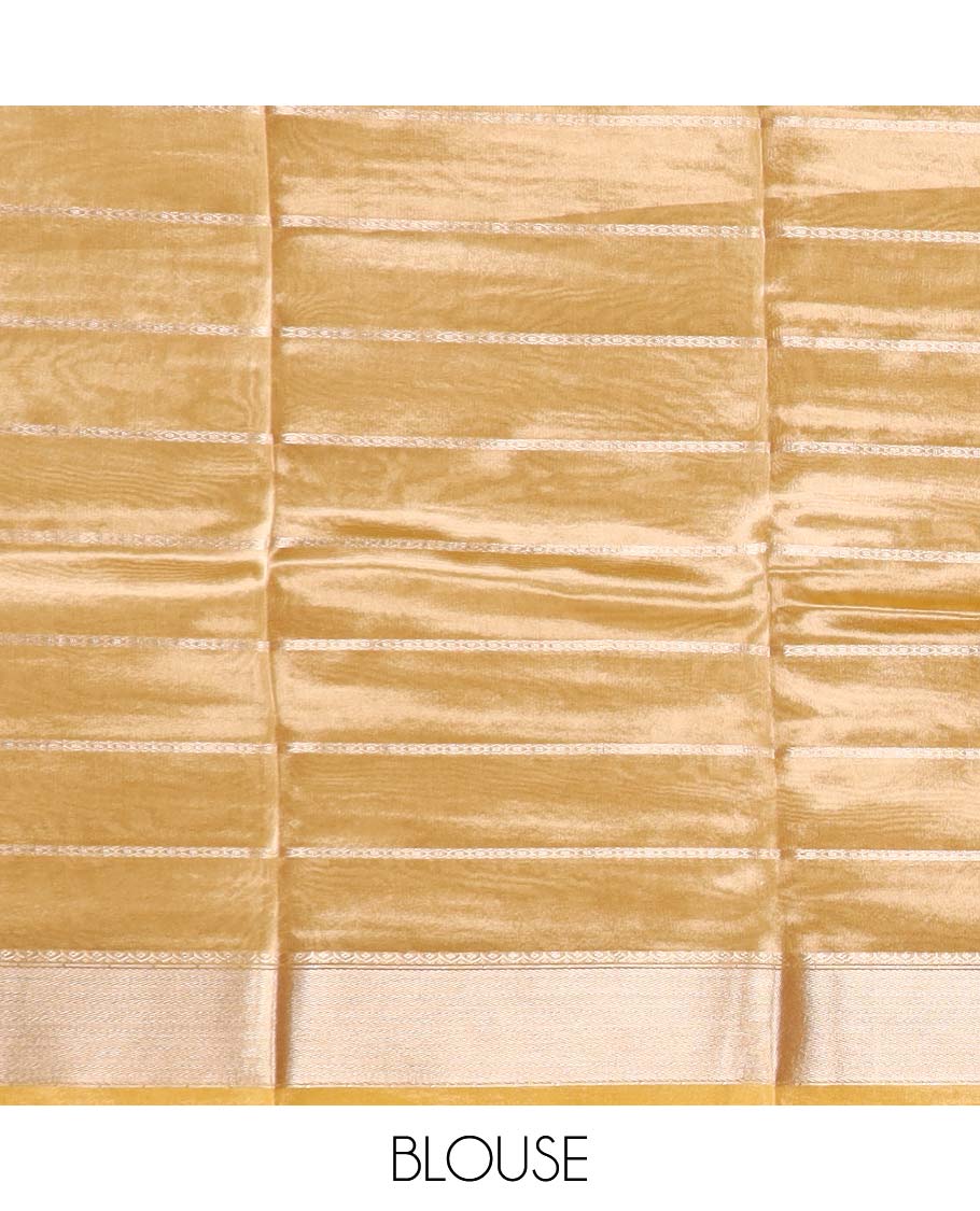 Yellow striped semi-banaras tissue saree, plain border & striped pallu 