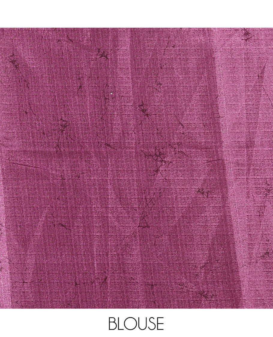 Borderless Cream and Purple Art Khadi Cotton Saree, Styled with Batik Print-Style Vines Print on Its Body, Self-Pallu of Batik Print, and Paired with a Printed Blouse