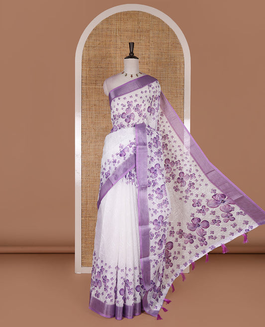 White lilac floral printed with Chikankari-style thread floral embroidered linen cotton saree, contrast zari bavanji border, and blouse of print and embroidery work