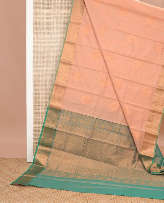 Light brown leaf motifs semi silk cotton saree with contrast intricate zari design border & chevron design pallu