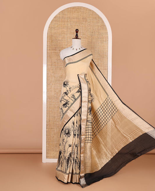 Chikku sunflower floral printed assam cotton saree, zari border of traditional motifs, striped pallu, and contrast blouse