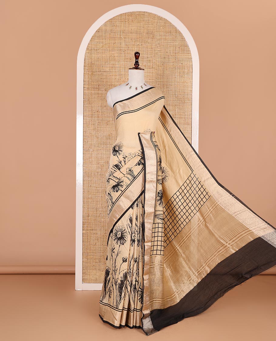 Chikku sunflower floral printed assam cotton saree, zari border of traditional motifs, striped pallu, and contrast blouse