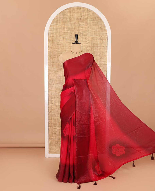 Borderless pink floral motifs printed fendy satin saree with a self-pallu and a matching blouse