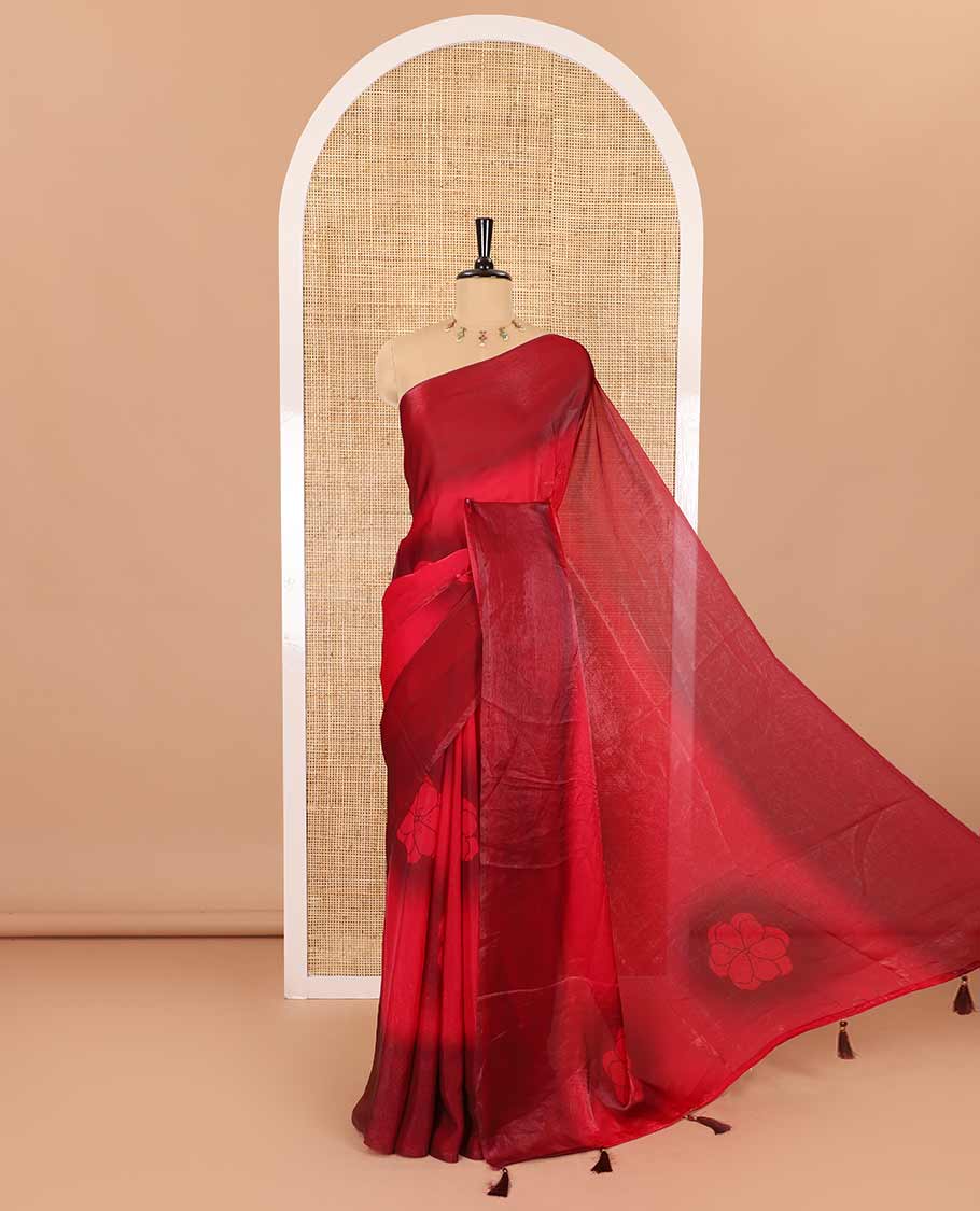 Borderless pink floral motifs printed fendy satin saree with a self-pallu and a matching blouse