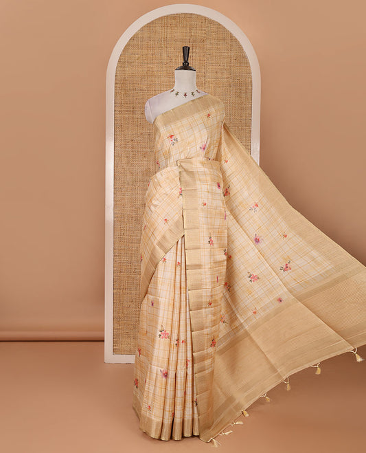 Sandal Burberry checked & floral printed fancy tussar silk saree, zari woven border & zari checked pallu & matching blouse of striped & floral print