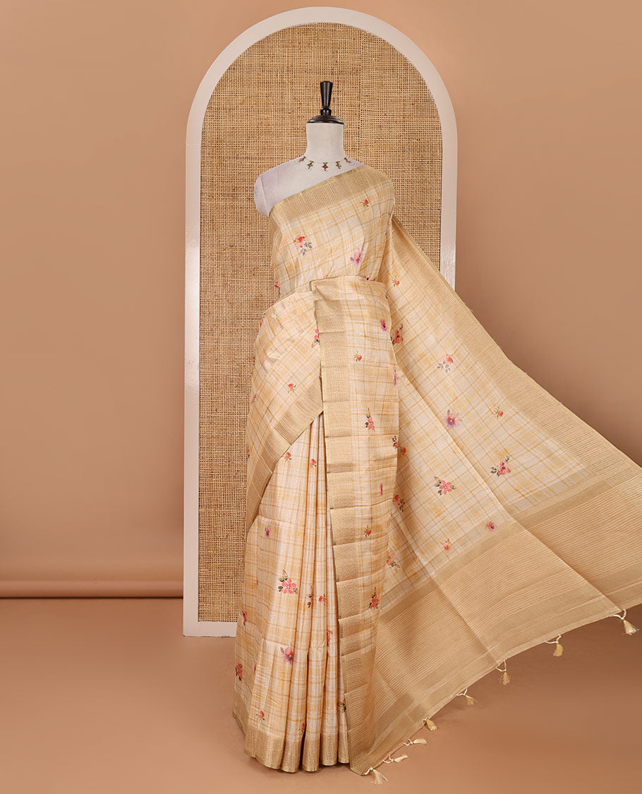 Sandal Burberry checked & floral printed fancy tussar silk saree, zari woven border & zari checked pallu & matching blouse of striped & floral print