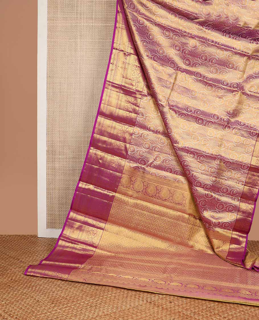Pink floral design kancheepuram tissue silk saree with contrast border of thilakam mokku, banaras, paun, kathir, kodi visiry design & floral pallu