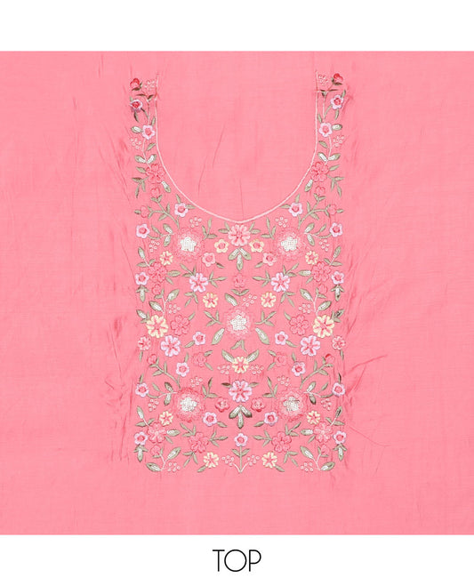 Pink chududhar material set, floral embodered top, plain & floral embroidery with lace border dupatta