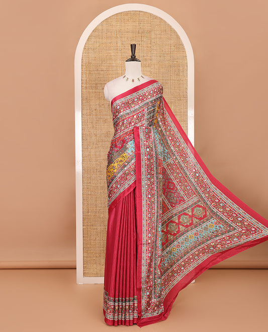 Rani pink geometric patterns kaleidoscope-colored printed & mirror embroidered half-&-half masakali saree, printed border & pallu of  embroidery work & plain blouse